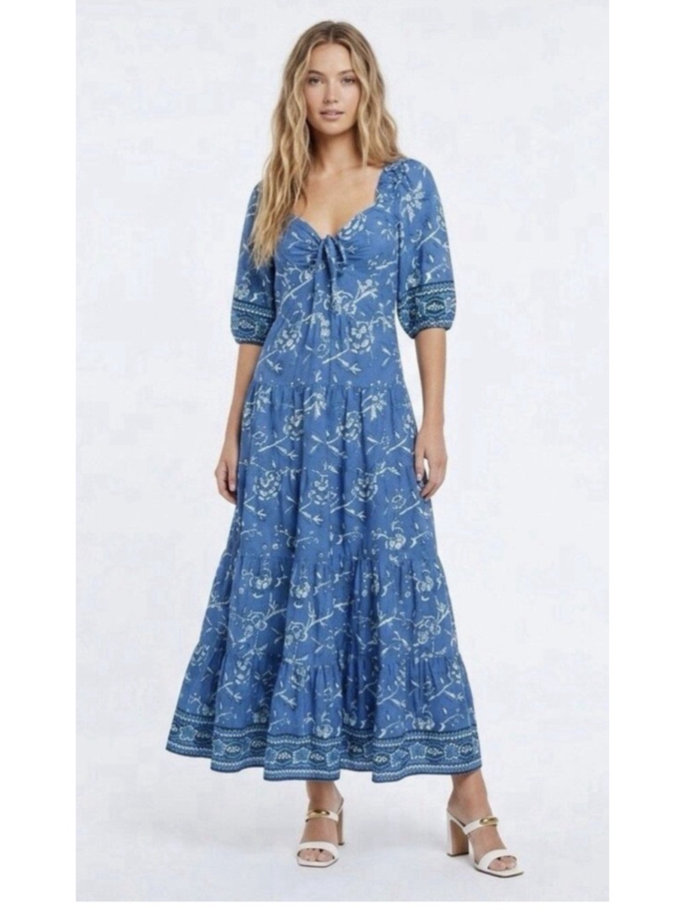 Caroline Constas Floral Peasant Maxi Dress XL Blue Smocked Boho Pockets Cottage